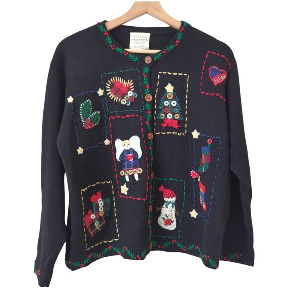 VTG Susan Bristol Angel Tree Country Kitsch Cardigan Ugly Christmas Sweater L - Picture 1 of 7